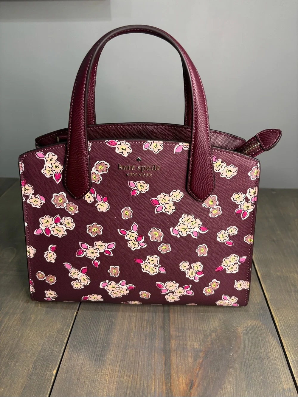 kate spade Floral Print Burgundy Leather Satchel